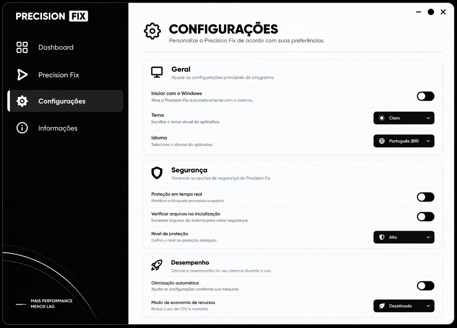Tela de Configurações do Precision Fix mostrando as seções Geral, Segurança e Desempenho