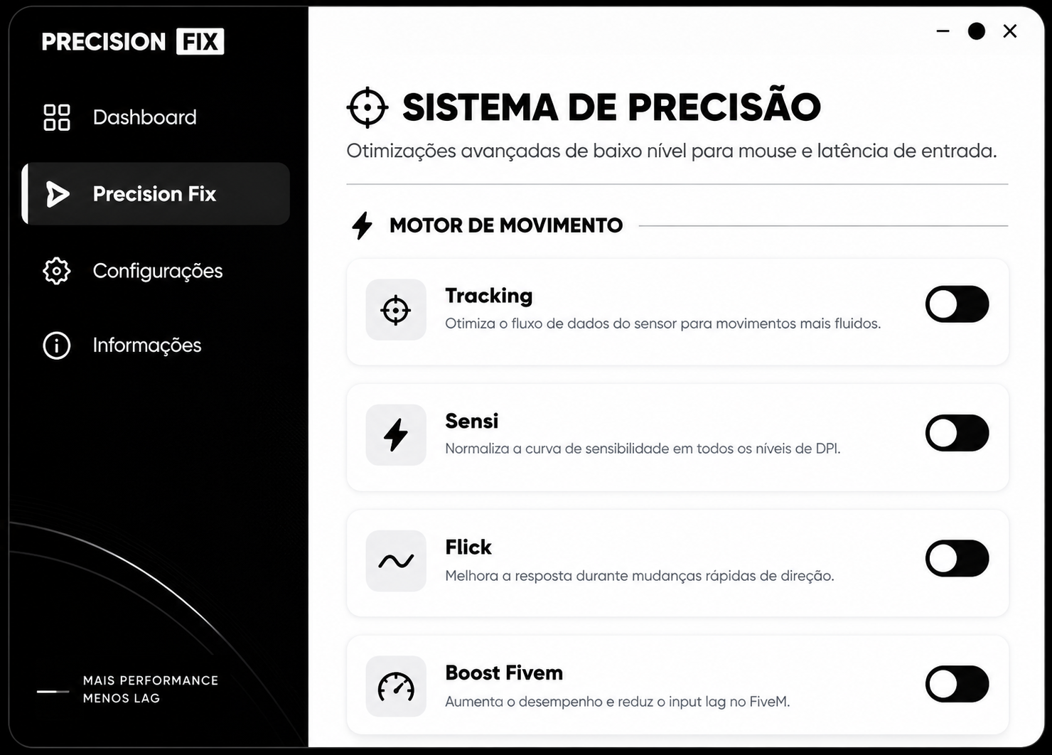 Tela Sistema de Precisão do Precision Fix mostrando o Motor de Movimento com as opções Tracking, Sensi, Flick e Boost Fivem